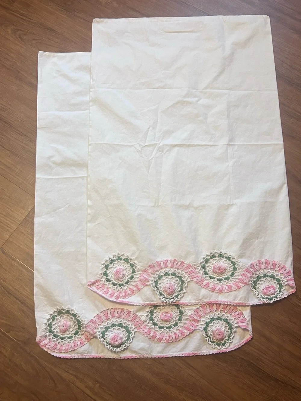 Vintage White Pillowcases with Pink and Green Crochet Trim